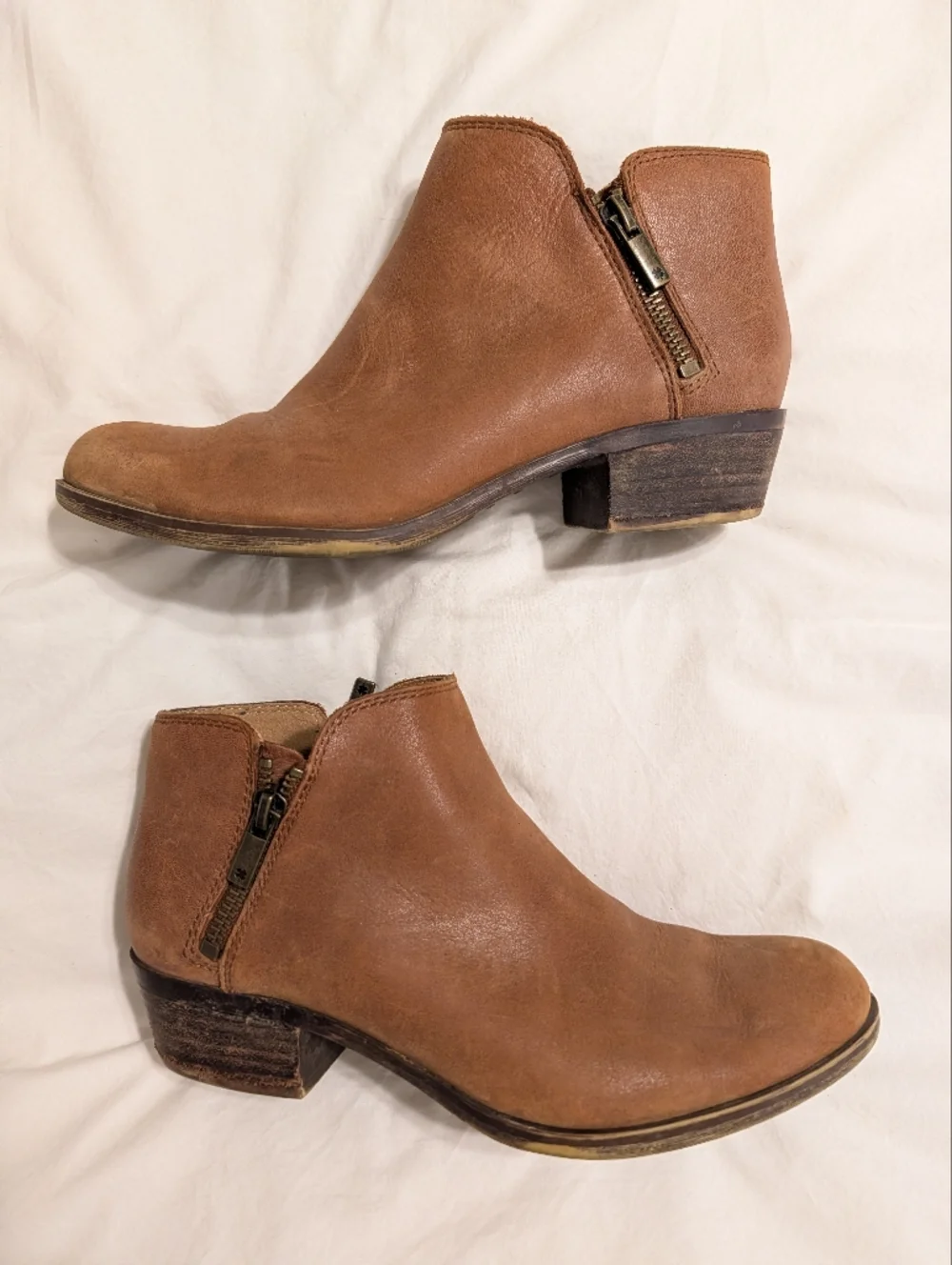Lucky Brand Burklee Ankle Bootie Saddle Brown Leather With Double Zips Size 6.5